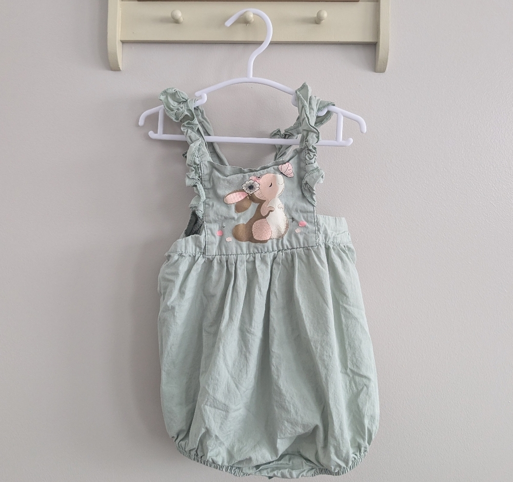 Kids Green Ruffle Strap Romper with Bunny